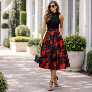 Karl Lagerfeld Red and Black Floral Print Midi Skirt Size 6 USA